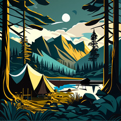 Wall Mural - Camping in the forest.  illustration in flat style for your design