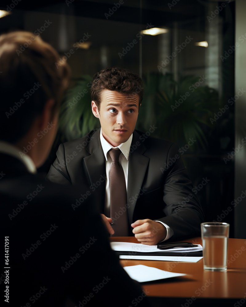 Man in a suit at a job interview at an office, sitting across the table ...