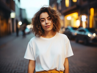 Attractive young woman wearing blank empty oversize white t-shirt mockup for design template