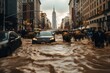 On a flooded street in New York, a cow, people and cars. The climate problem of high precipitation.