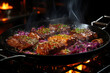 © staras - Grilled beef steak with vegetables, barbecue with fire and smoke