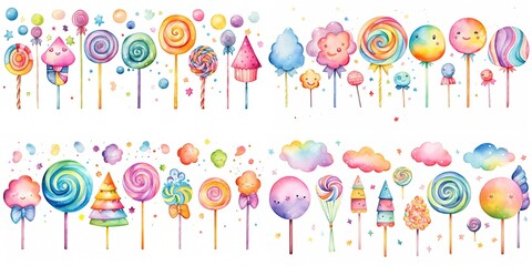 Wall Mural - watercolor style illustration of cute cartoon lollipop candy collection set, Generative Ai