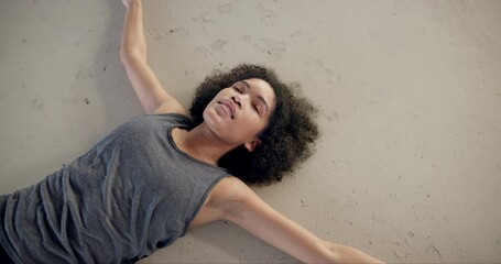 Poster - Dance, tired and a woman breathing on the floor of a studio from above after fitness, exercise or a workout. Art, exhausted and lying with a young ballerina on the ground while training as a dancer