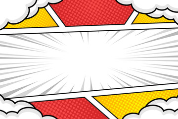 Red and yellow pop art comic book background with clouds