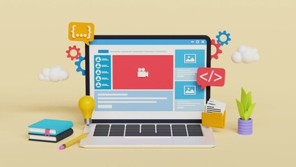 Wall Mural - 3d web development concept, laptop with creative ideas for web and app design and development. 4k 3d