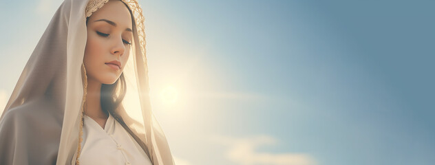 Woman in image Virgin Mary Mother of Jesus Christ in holy light. Portrait of young woman in veil in rays of the sun. Mother of God, Biblical motif.The Assumption of the Blessed Virgin Mary, August 15