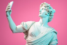 Antique Greek Sculpture With Smartphone In Hand On Pink Background.