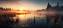 Small River, Lake In A Calm Scenery Of Countryside With Dried Reeds And Grasses. Sunrise Mood, Golden Fog Over The Fields, Nature. Calm, Meditative Mood Of Early Mornings In Fall And Winter.