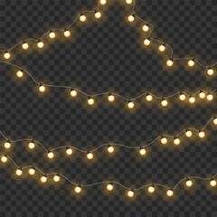 Festive Christmas light gold garlands PNG. Decor element for postcards, invitations, backgrounds, business cards. Winter new collection 2023.