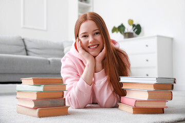 Poster - Teenage girl with stacks of books at home