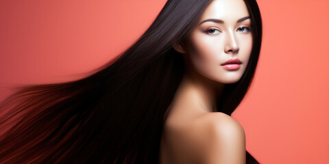 Wall Mural - woman's long, straight hair, shining with health, against a coral background, room for copyspace