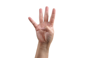 Wall Mural - cut out of man hand show 4 fingers gesture isolated from. number four communication concept.