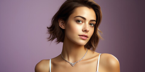 Wall Mural - woman's delicate collarbones, elegantly framed by a simple necklace, against a lilac background, room for copyspace