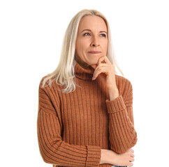 Wall Mural - Thoughtful mature woman on white background