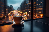 Fototapeta Tęcza - cup of coffee on  table top in street cafe at night ,view on rainy city blurred light and houses,