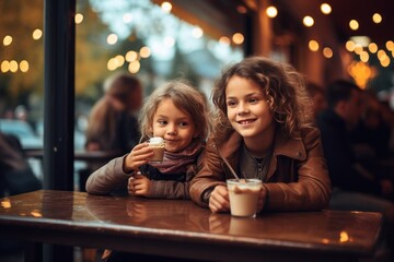 Cute little girls sitting at a table in european outdoor cafe and drinking hot chocolate