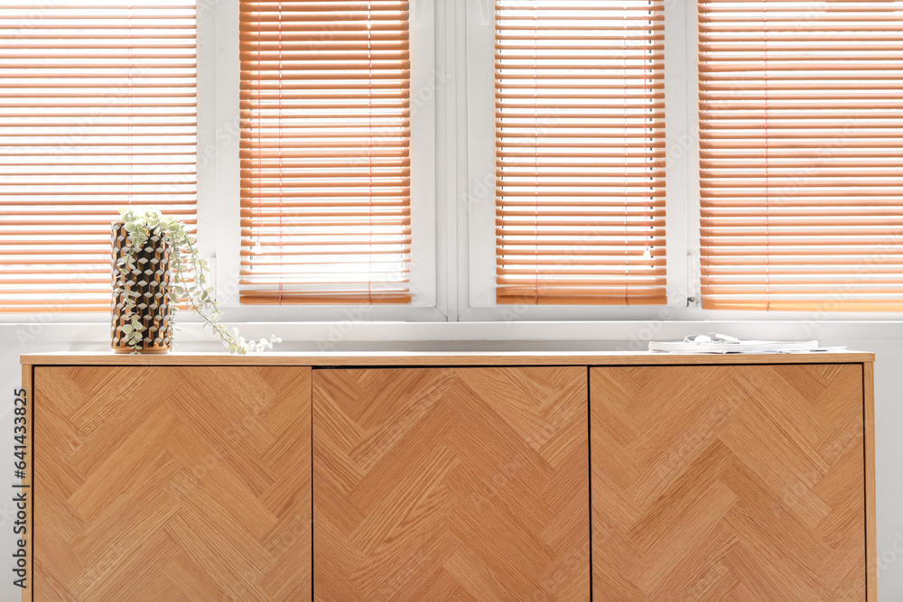 Stylish wooden cabinet near window with blinds