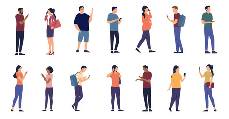 Fototapete - People using phones collection - Set of character illustrations with men and women talking and using smartphones while standing and walking. Flat design vector on white background