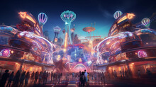 A Futuristic XR Carnival With Mind - Bending Rides That Defy Gravity. The Rides Are Adorned With Neon Lights And Surreal Shapes, Creating A Sense Of Exhilaration And Wonder