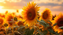 Beautiful Sunflowers Background In The Field At A Golden Hour