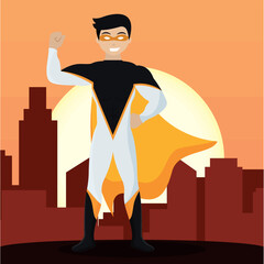 Poster - Male hero character on a city background Vector