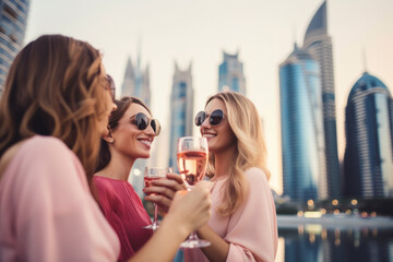 Wall Mural - Group of happy rich and stylish woman friends clinking with glasses of wine, celebrating holiday in Dubai with skyline and skyscrapers in the background