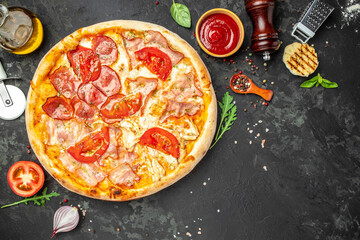 Wall Mural - Hot pizza, Chopped pizza with four types of toppings, Food recipe background. Close up