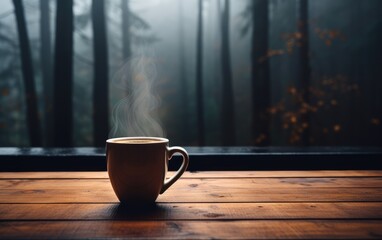 Autumn nature view, warm mug of coffee. autumn weather. warming hot drink.