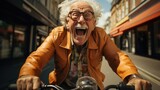 Fototapeta  - Energetic joyful and smiling elderly man riding bicycle. Generative AI