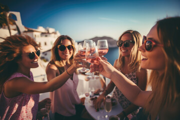 Wall Mural - Group of happy female friends celebrating holiday clinking glasses of rose wine in Santorini