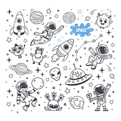 Wall Mural - set of cosmos in doodle style: astronaut, planets, stars, rocket and alien, monster for design. Science space exploration. Vector illustration
