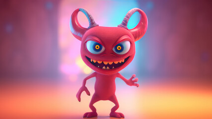 Wall Mural - 3d cute mascot cartoon character red evil ,isolated on pastel blurred background, design for greeting card, halloween theme