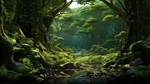 Abstract Forest Scenery, Still Pond In A Lush Green Forest, Illustration
