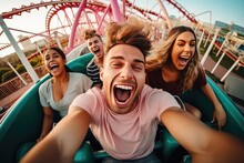 Friends Riding Roller Coaster Ride At Amusement Park.  People Having Fun At Amusement Park. Generative Ai