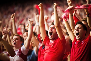 Group of football fans are cheering for their team victory mix colour t shirt. Generative ai