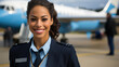 Beautiful woman flight attendant stands in front of a plane with a big smile on her face. Generative AI