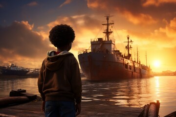 Wall Mural - African child is waiting for a ship with grain. Grain deal concept. Hunger and food security of the world.