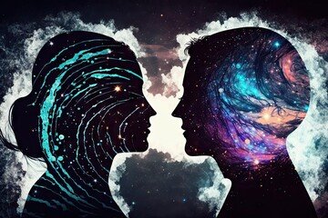 Wall Mural - Double exposure of man and woman face looking into each other's eyes