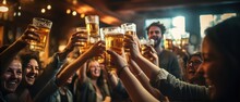 Group Of Friends Clinking Glasses Of Beer At Bar Or Pub.