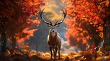 beautiful portrait of a reindeer amidst an idyllic autumn scene, its confident stride accentuated by fallen autumn leaves