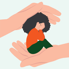 A Melancholic Young Woman Rests upon a Gentle Human Hand, Craving Care and Support. Illustrating the Notion of Support and Care for Individuals Struggling with Stress, Presented in Vector Art