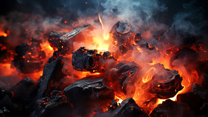 Hot coals, the process of smoldering and heat, with smoke and sparks. On a dark background. Generative AI technology.