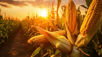 Wall Mural - ripe corn on the field in the evening