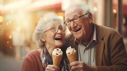 Poster - cheerful senior couple enjoying time together at night in city