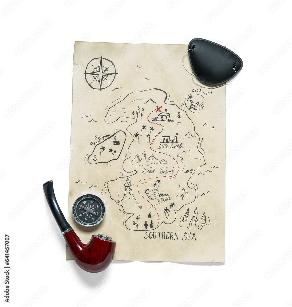 Treasure map with smoking pipe, compass and pirate eye patch isolated on white background