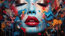 Graffitti Surreal Beautiful Woman Face Covered In Colorful Paint
