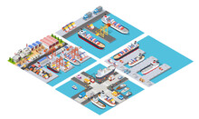 Isometric Port Cargo Ship Cargo Seaport At Sea With Crane Container Transport