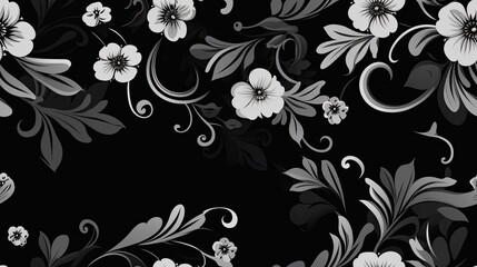 Wall Mural - a black floral ornament in a retro style. Showcase intricate flower and curl motifs, evoking a sense of vintage charm and sophistication SEAMLESS PATTERN. SEAMLESS WALLPAPER.