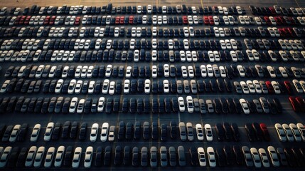 Wall Mural - a top view of neatly aligned rows of new cars in a distribution center within the factory, showcasing the meticulous planning that goes into the production chain.