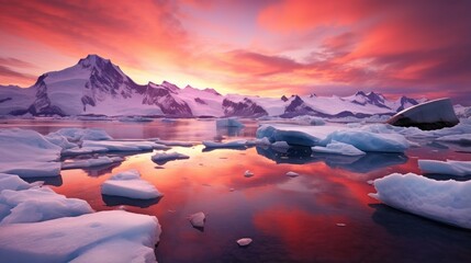 polar landscape at sunset, with the sky aglow in a kaleidoscope of reds, oranges, and pinks, reflecting off the icy mountains and glaciers, showcasing the sublime beauty of nature's vivid canvas.